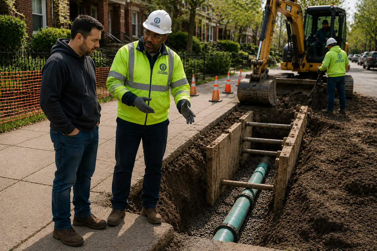 Workers perform sewer line repairs in a trench running directly alongside a residential Chicago sidewalk while excavation equipment operates nearby.