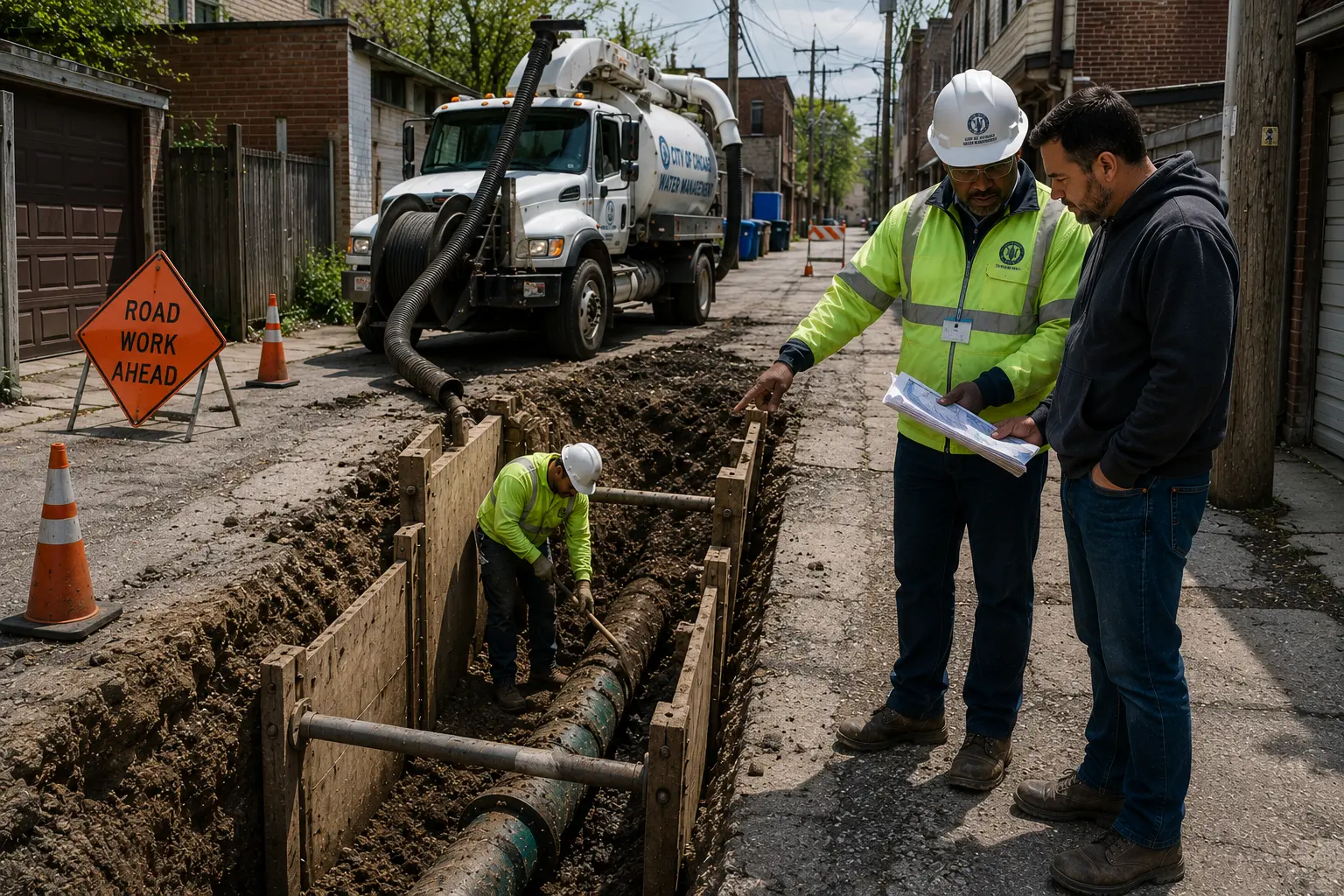 Workers repair a sewer line in a trench excavated through a Chicago alley while utility equipment and construction crews operate around the work zone.
