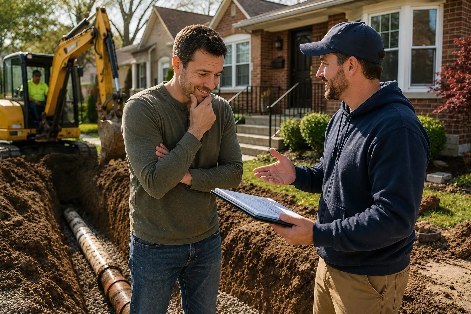 Homeowner discusses sewer repair costs with a contractor beside an active sewer replacement project and learns about available payment options.