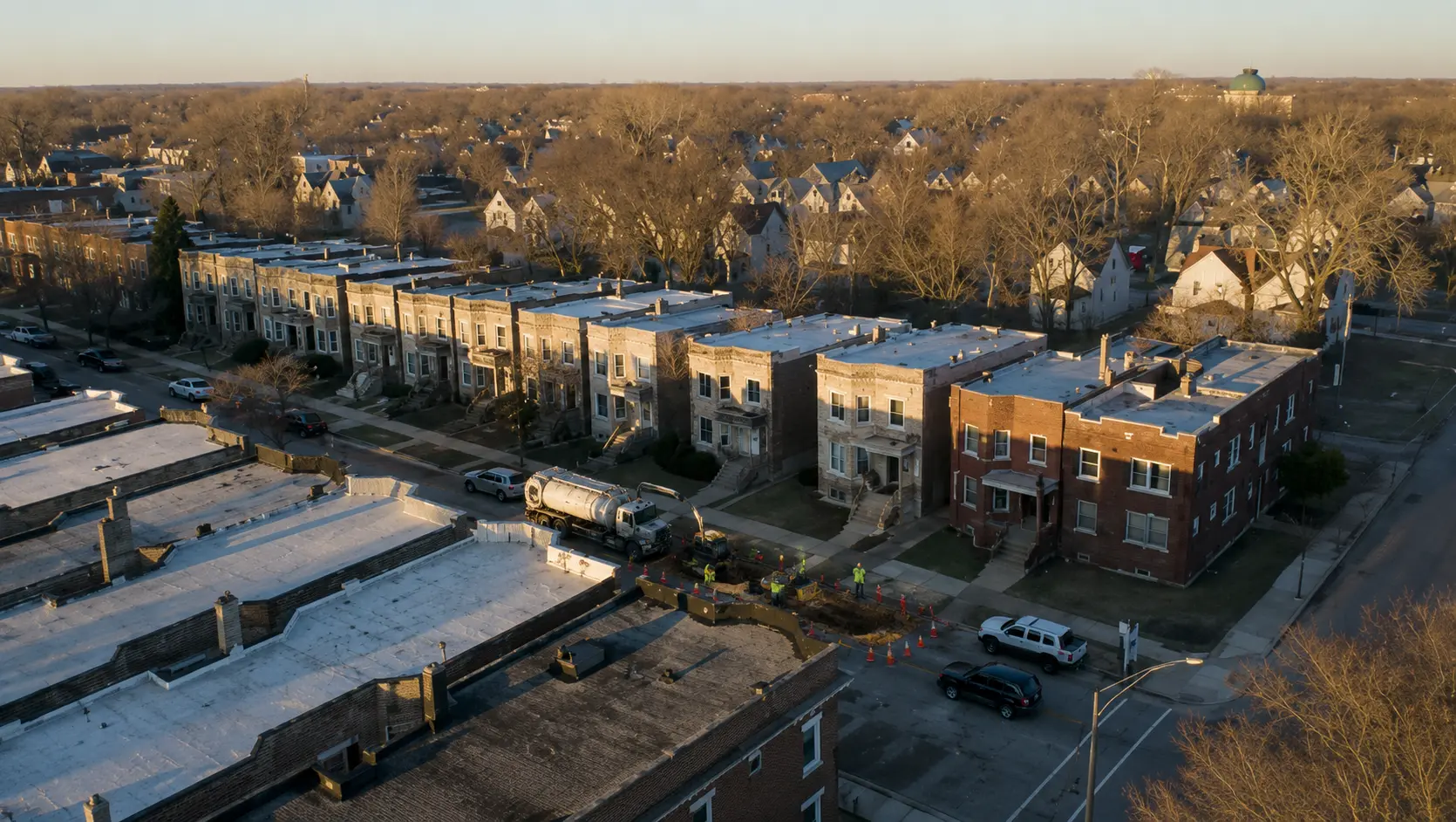 Aerial view of a South Side Chicago residential block with active sewer repair work taking place along a neighborhood street.