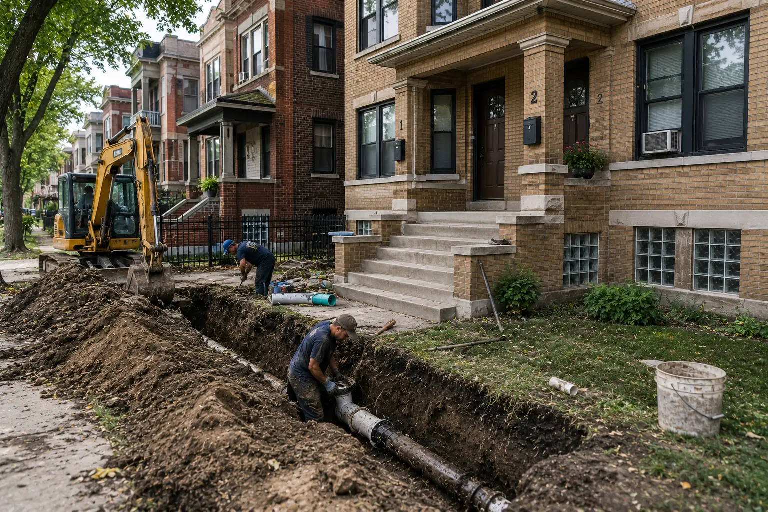 Workers repairing a sewer line in front of a Chicago two-flat building with separate residential entrances and an excavated trench running through the front yard and parkway.
