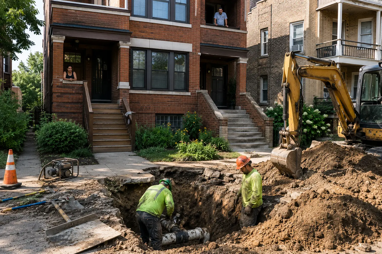 Sewer repair crew works in an open trench in front of a Chicago brick two-flat building while residents from multiple units observe the project.
