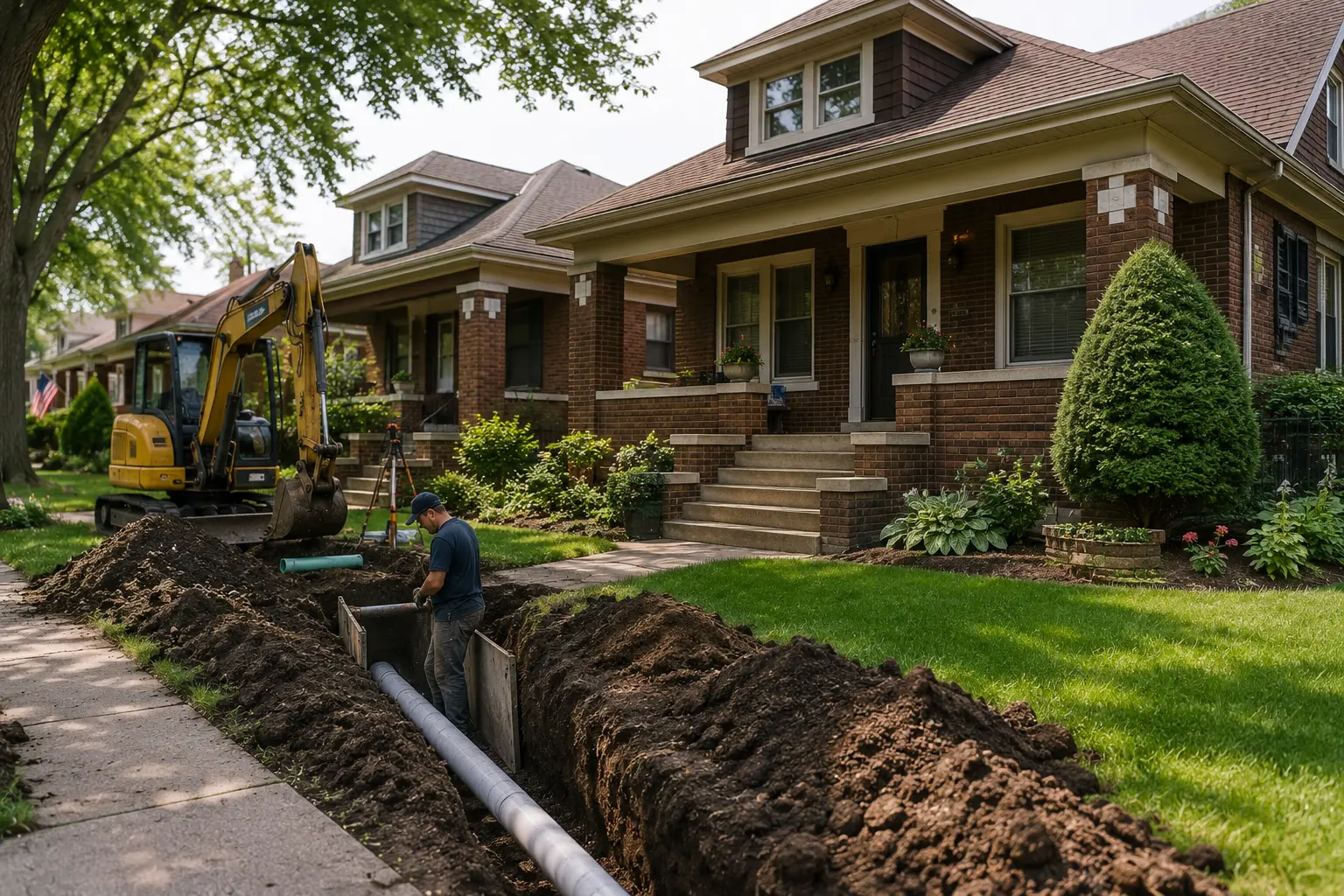 Sewer line replacement underway in front of a classic Chicago brick bungalow with an excavated trench, new sewer pipe installation, and construction equipment visible.