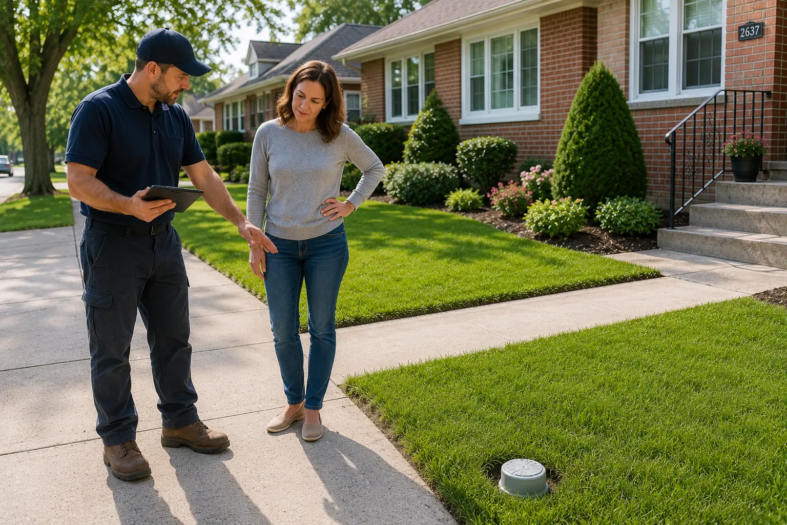 Homeowner and inspector reviewing a completed sewer replacement project beside a restored lawn and new sewer cleanout at a Chicago home.