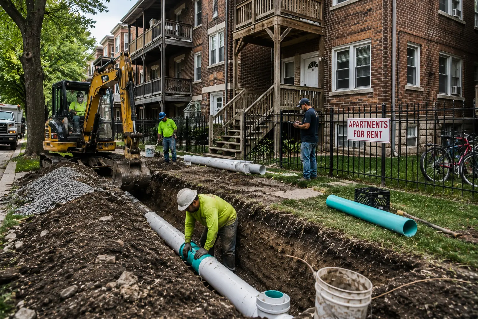 Workers replacing a sewer line outside a Chicago rental property with an excavated trench, new sewer pipe installation, and a multi-unit residential building in the background.