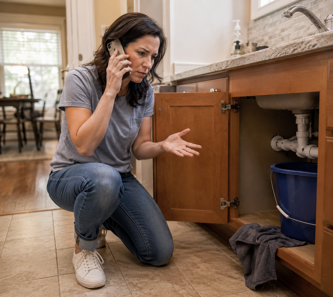 Chicago homeowner kneeling beside an open kitchen sink cabinet while speaking on the phone and investigating a potential plumbing or sewer-related problem inside the home.
