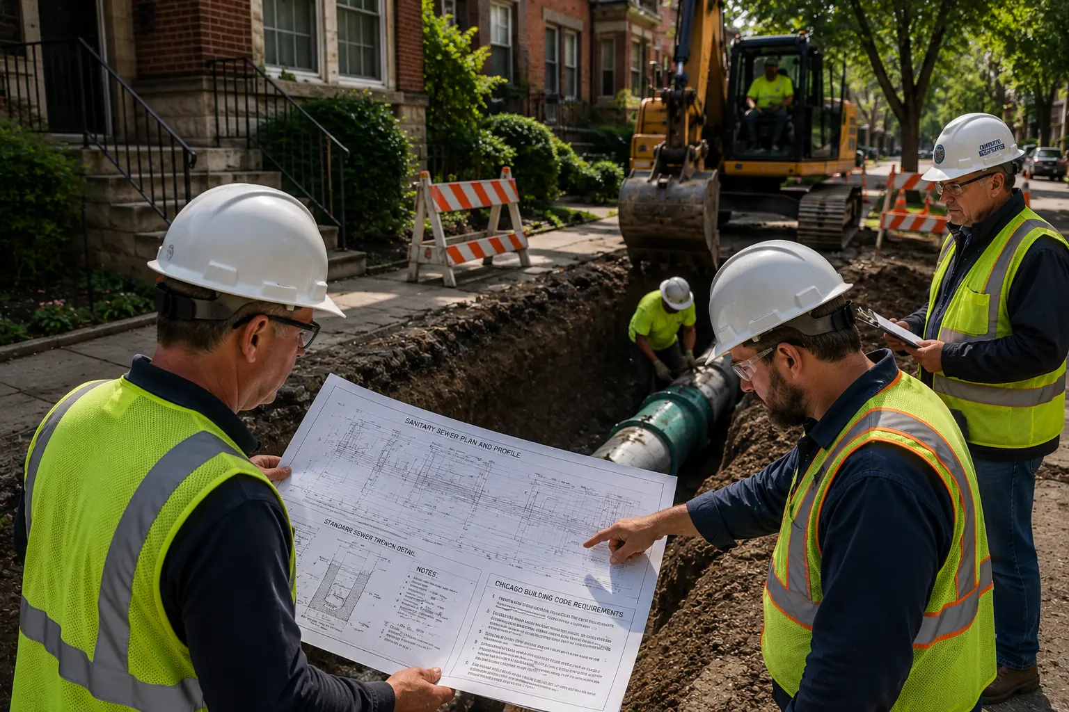 Construction supervisors review sewer installation plans beside an active trench while workers install a sewer line in a Chicago residential neighborhood.