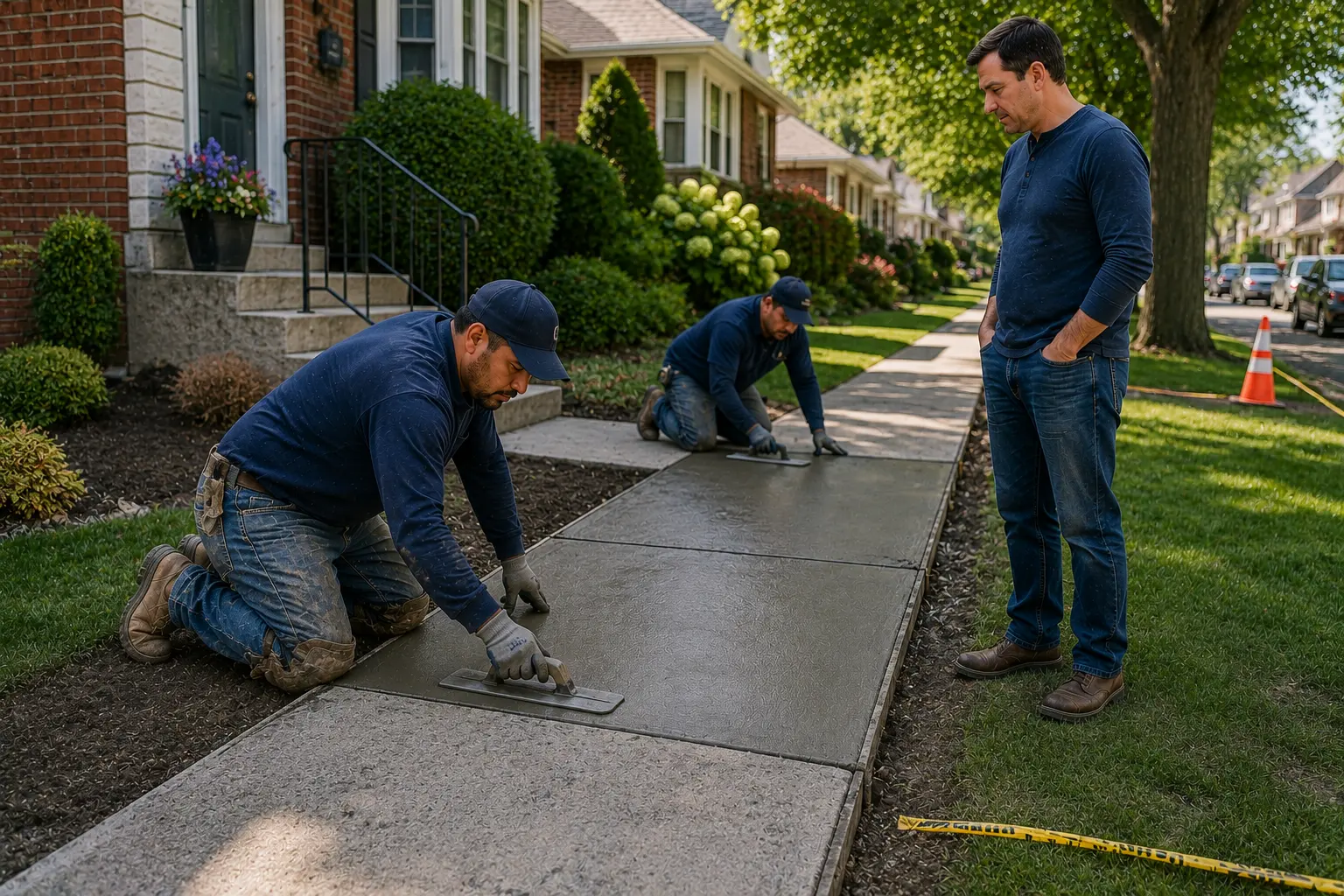 Workers restoring a residential sidewalk after sewer work while a homeowner observes the concrete finishing process in a Chicago neighborhood.