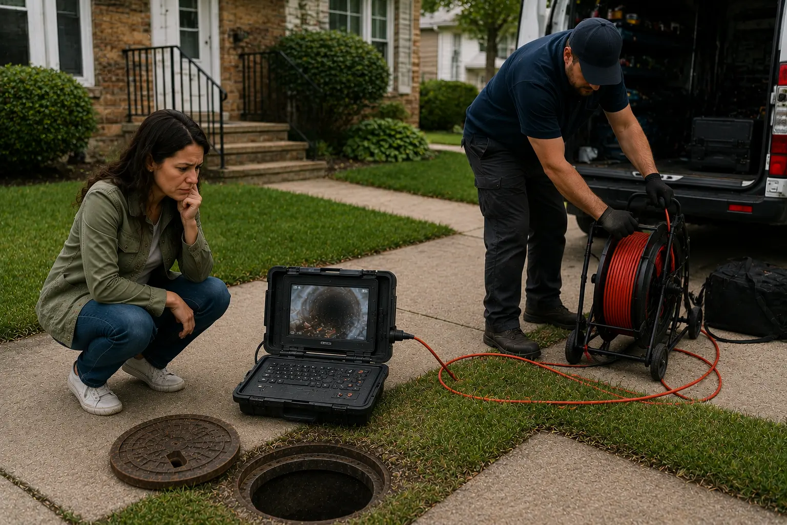 Concerned homeowner reviewing limited sewer camera footage while a technician packs up inspection equipment beside a residential cleanout.