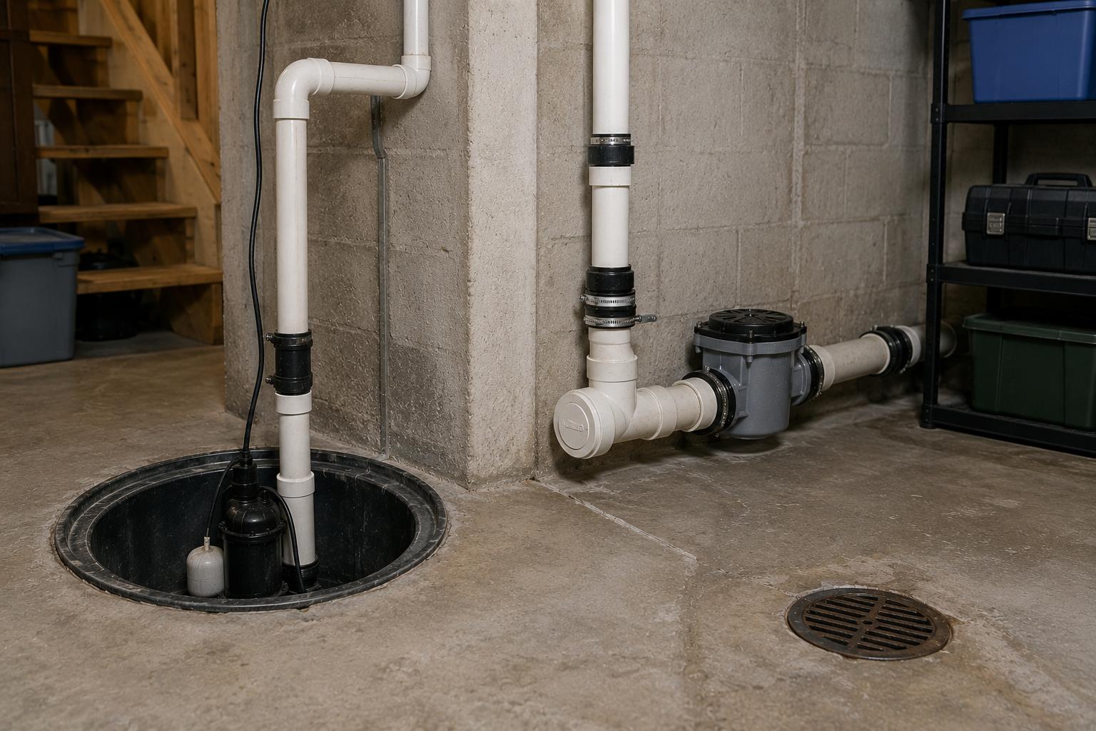 Residential basement showing a sump pump system, floor drain, and sewer protection components to illustrate the difference between groundwater management and sewer backup prevention.