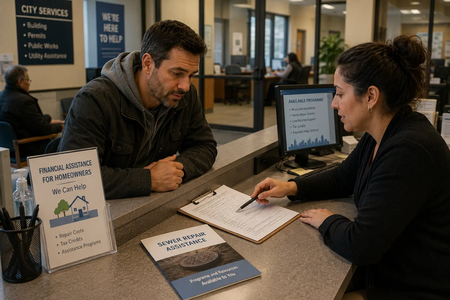 Homeowner meets with a municipal assistance representative at a public service office to discuss financial help, tax credits, and sewer repair assistance programs.