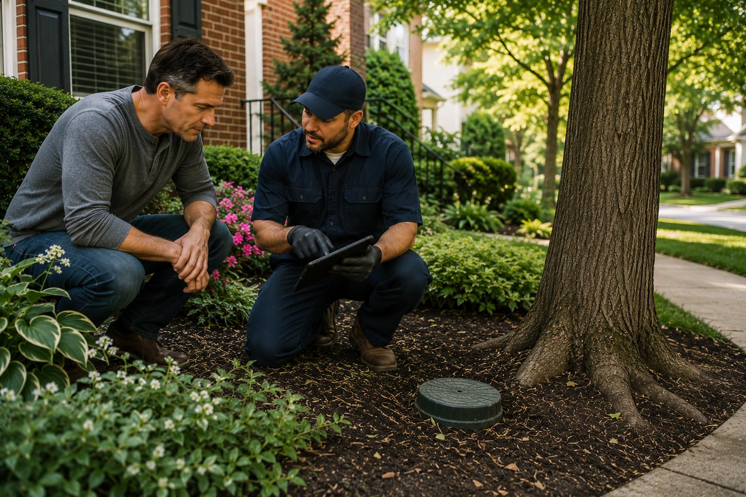 Homeowner and sewer professional evaluating a mature tree near a residential sewer cleanout while discussing root prevention strategies.