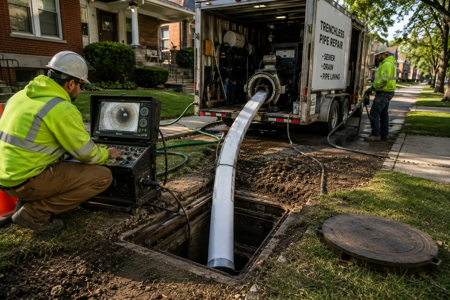 Technicians perform a trenchless sewer pipe lining installation through an access pit in a residential Chicago neighborhood.