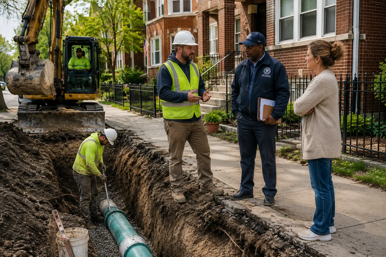 Homeowner, city representative, and sewer contractor observe an active private sewer repair project in front of a Chicago residential property