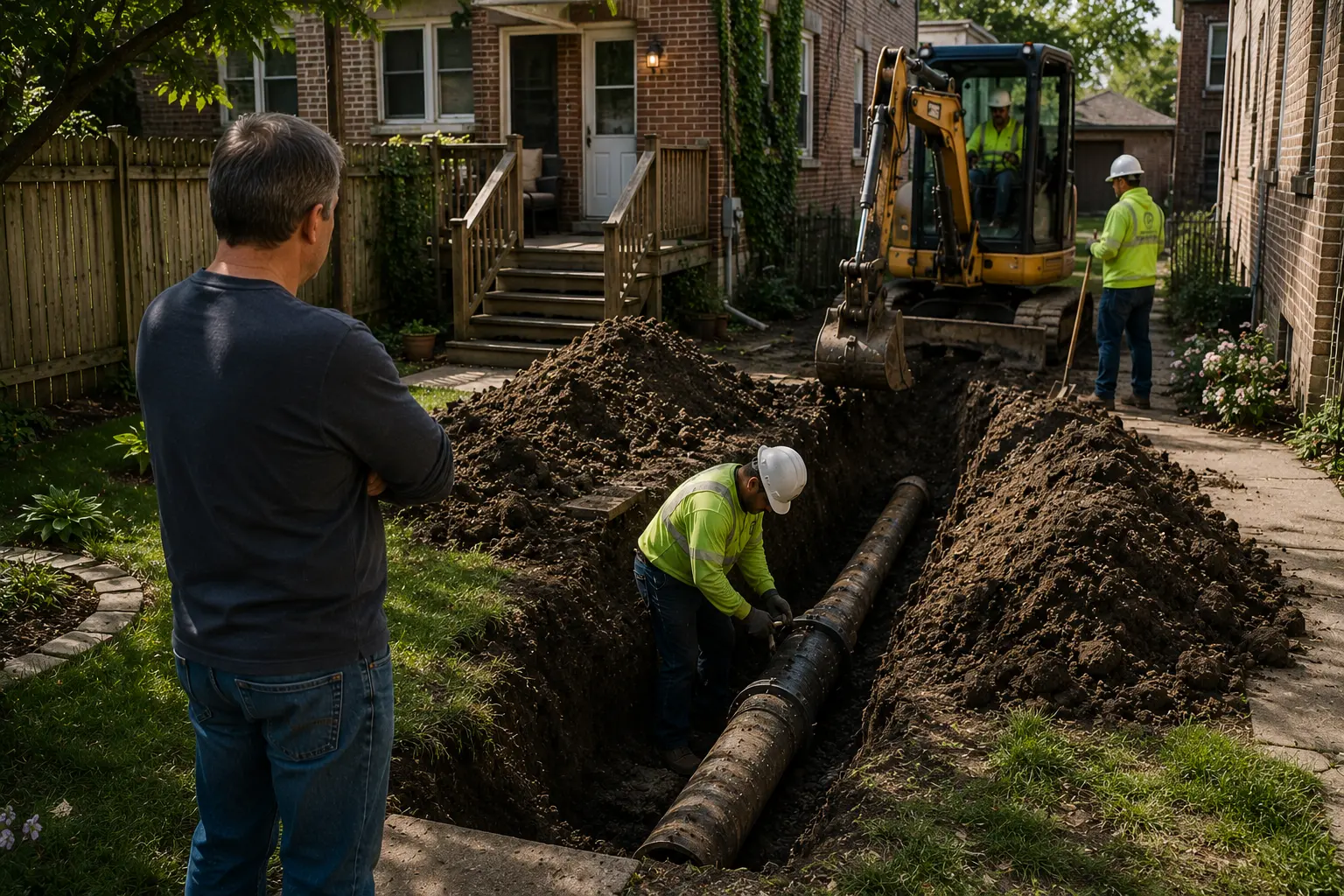 Contractors access and repair a sewer line crossing a Chicago homeowner's backyard while the property owner observes the excavation from a nearby lawn.