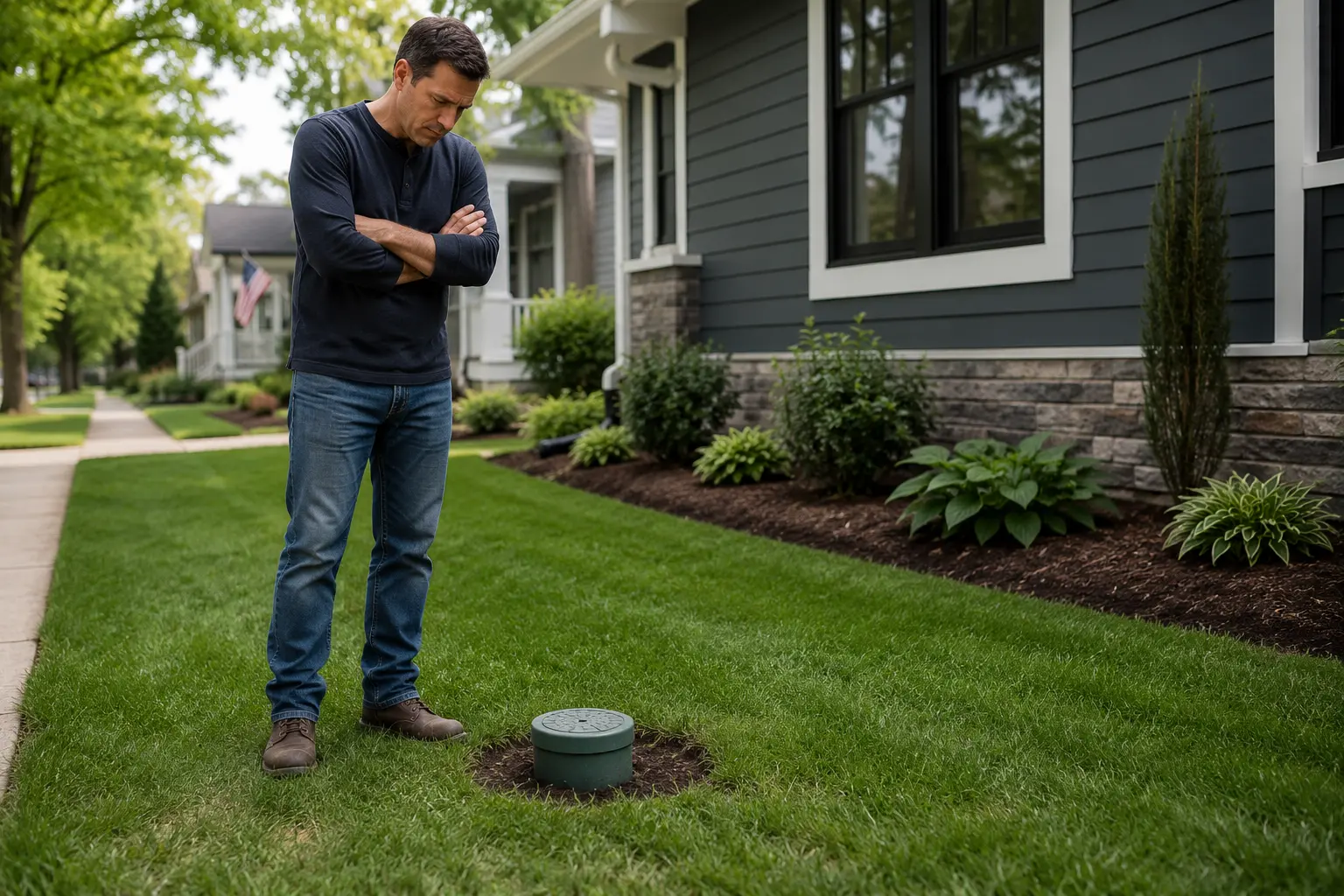 Homeowner inspecting a newly completed sewer replacement cleanout and restored yard after a sewer line replacement project.