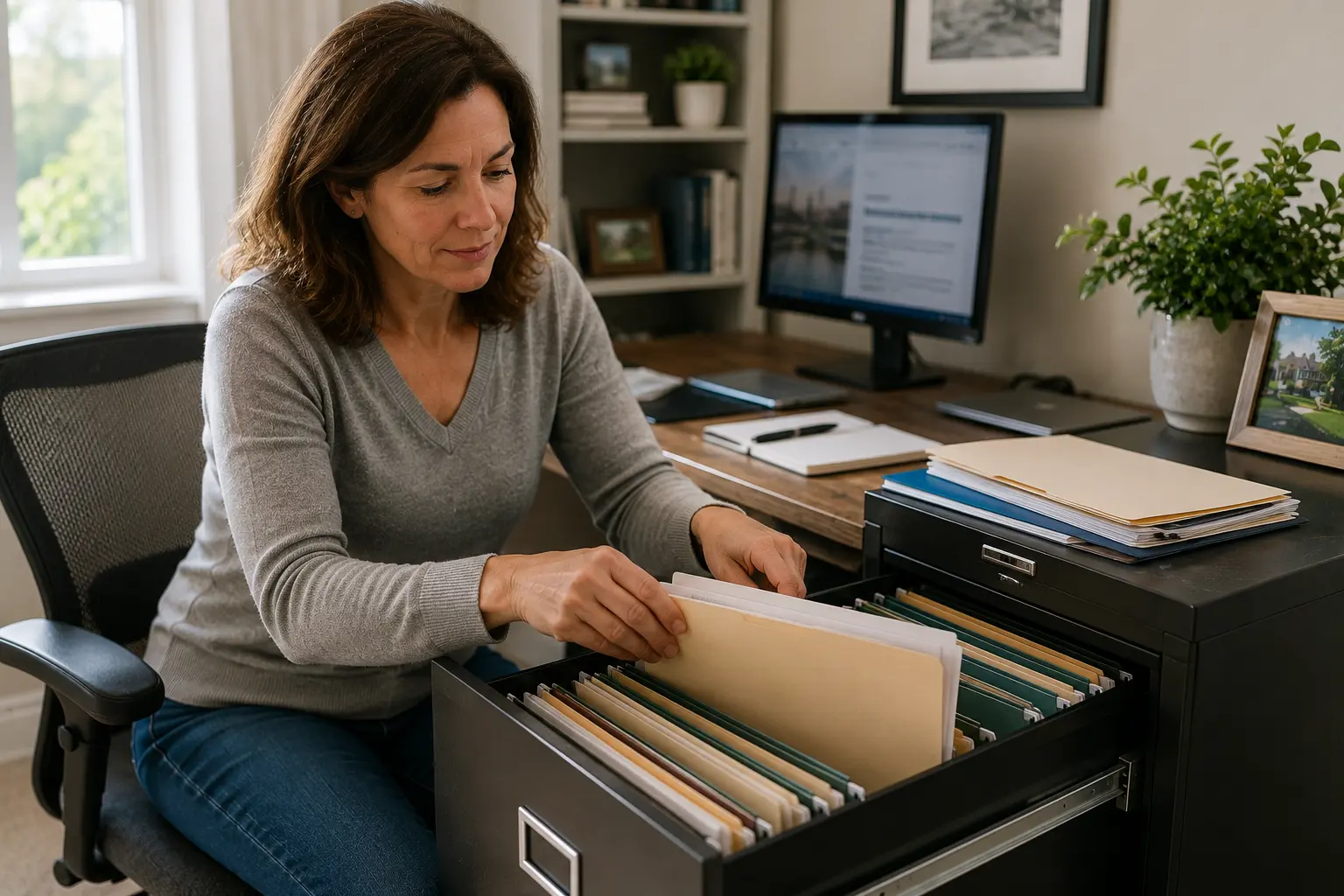 Homeowner organizing and filing important home improvement records in a home office filing cabinet after completing a sewer replacement project.