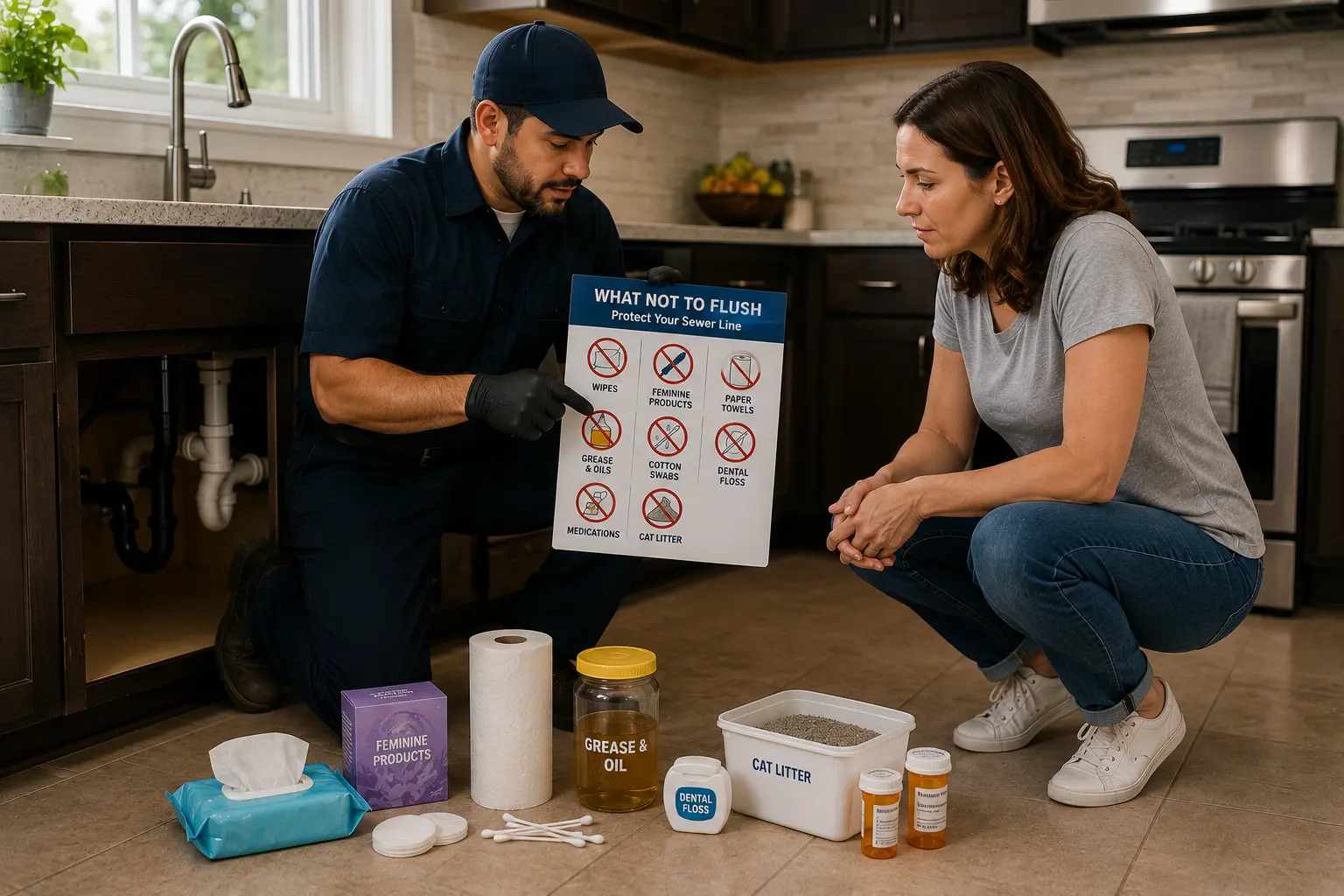Common household items that should not be flushed displayed beneath a kitchen sink, including wipes, grease, cat litter, cotton swabs, dental floss, and medications.