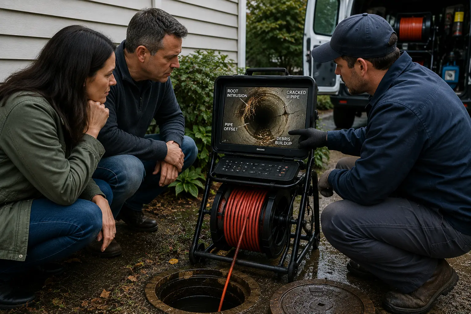 Homeowners viewing sewer camera inspection footage that reveals pipe defects such as root intrusion, cracks, offsets, and debris inside a residential sewer line.
