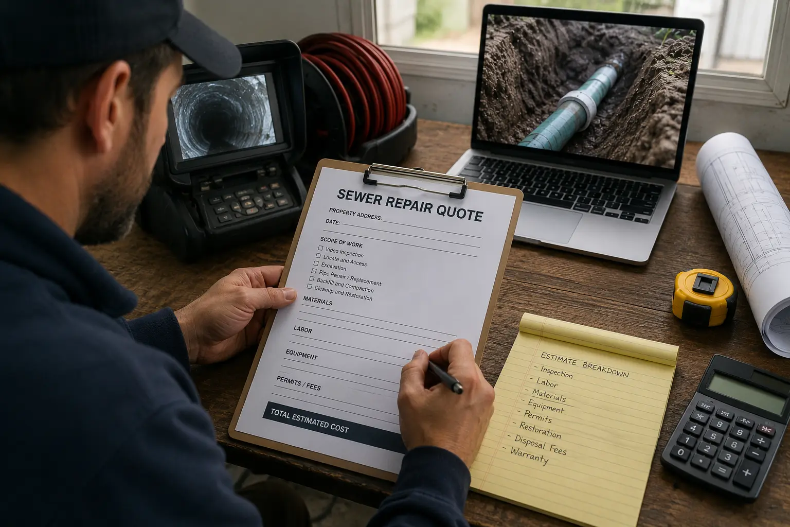 Contractor reviewing sewer inspection findings and project documentation while preparing a sewer repair estimate in a work office setting.