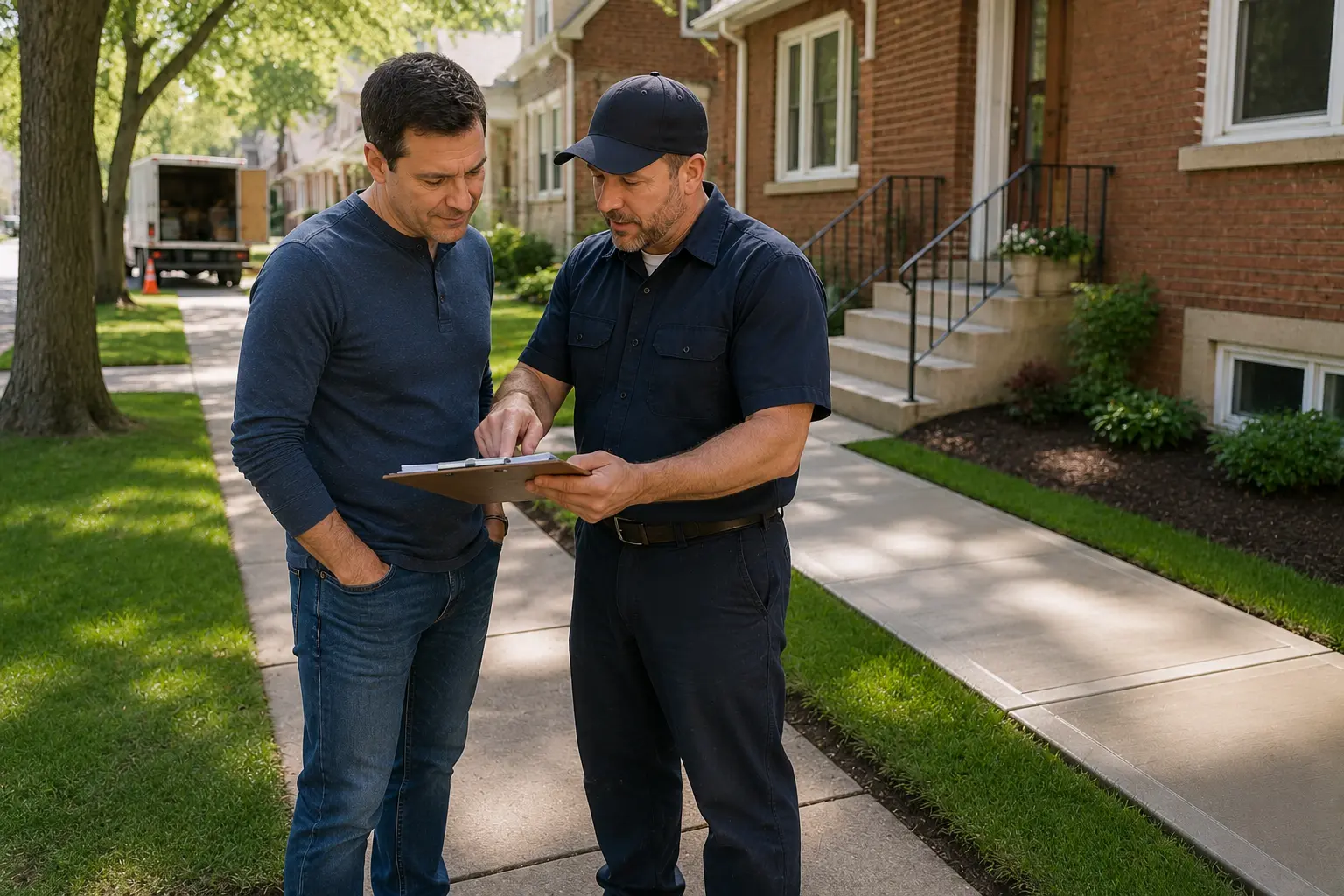 Homeowner reviewing completed sewer line replacement work with a contractor beside a restored lawn and sidewalk at a Chicago home.