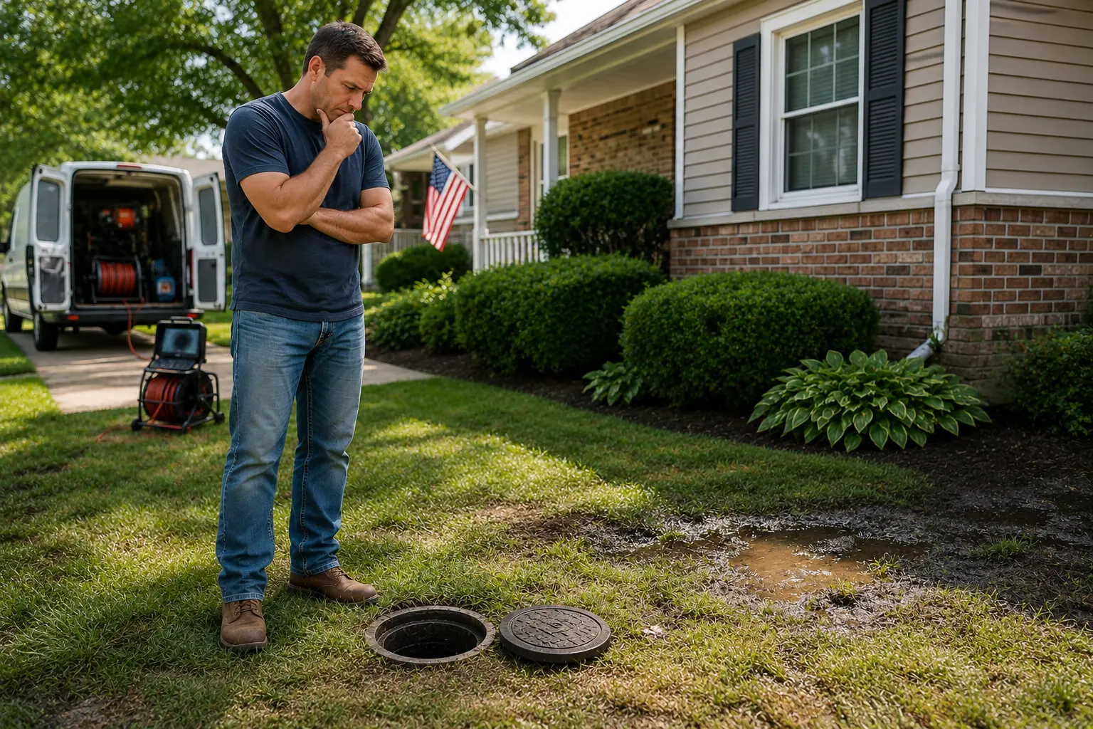 Homeowner standing near a residential sewer cleanout and wet area in the yard while sewer camera inspection equipment waits nearby before an inspection.
