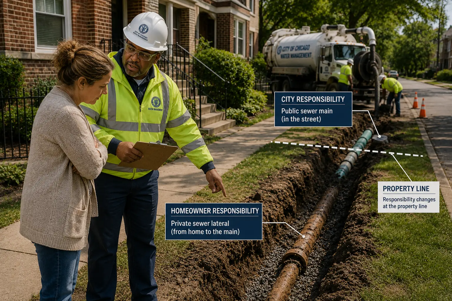 Chicago Water Department representative explains sewer line ownership and maintenance responsibility to a homeowner beside an exposed sewer line excavation.