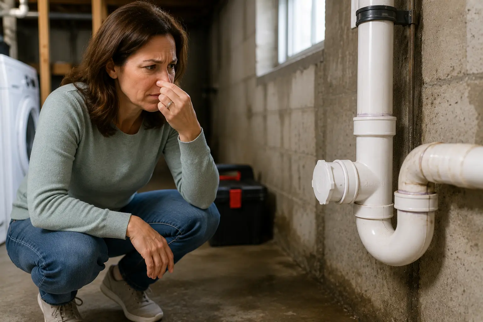 Homeowner investigating a sewer odor in a basement utility area after recent sewer repair work, checking nearby drain and plumbing components.