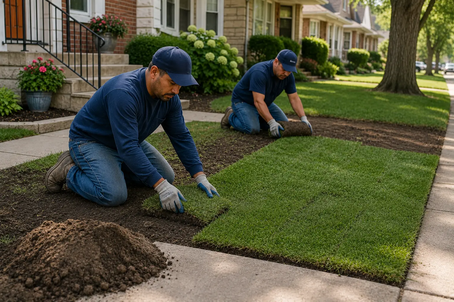 Workers installing fresh sod and restoring a residential lawn after sewer excavation at a Chicago home.